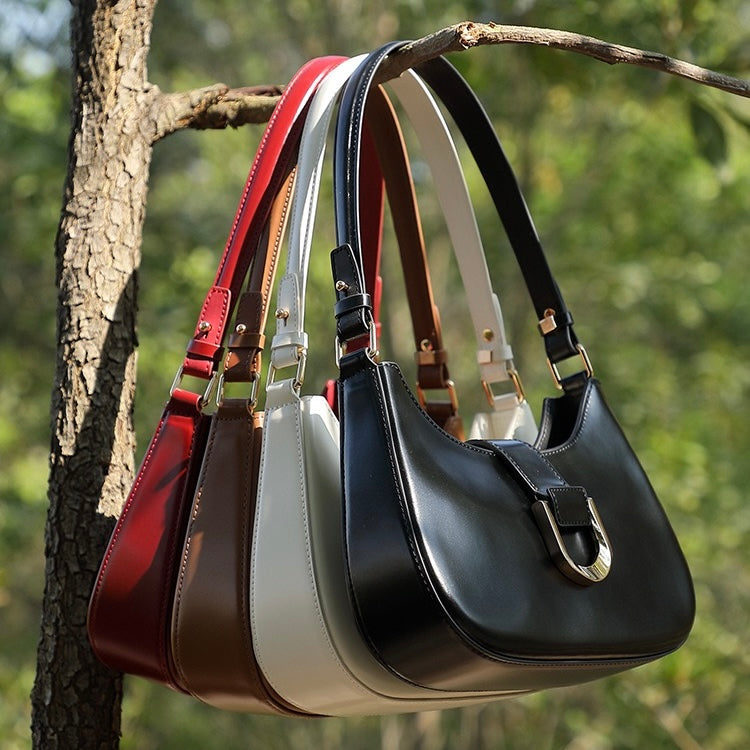 Womens Soft Top-Grain Leather Baguette Shoulder Bag in Minimalist Commuter Style