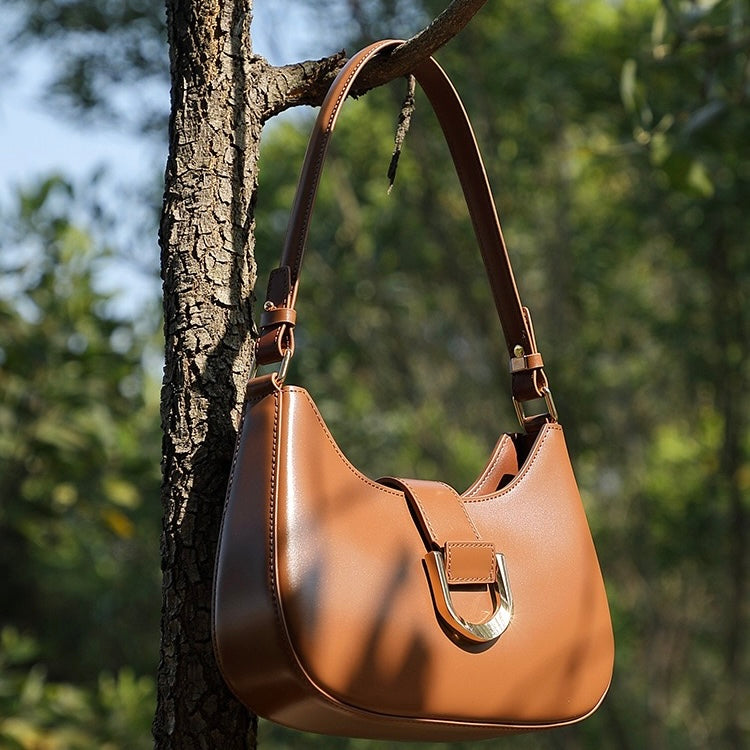 Womens Soft Top-Grain Leather Baguette Shoulder Bag in Minimalist Commuter Style