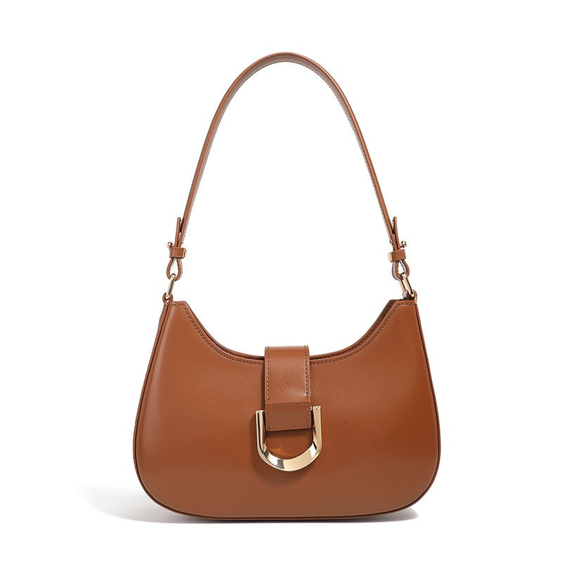 Womens Soft Top-Grain Leather Baguette Shoulder Bag in Minimalist Commuter Style