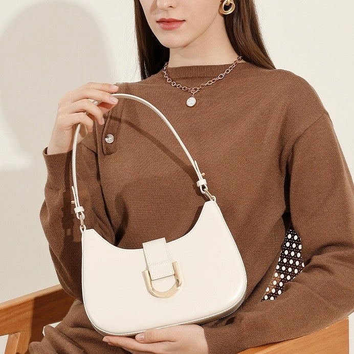 Womens Soft Top-Grain Leather Baguette Shoulder Bag in Minimalist Commuter Style