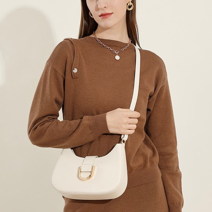 Womens Soft Top-Grain Leather Baguette Shoulder Bag in Minimalist Commuter Style