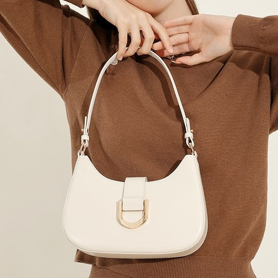 Womens Soft Top-Grain Leather Baguette Shoulder Bag in Minimalist Commuter Style