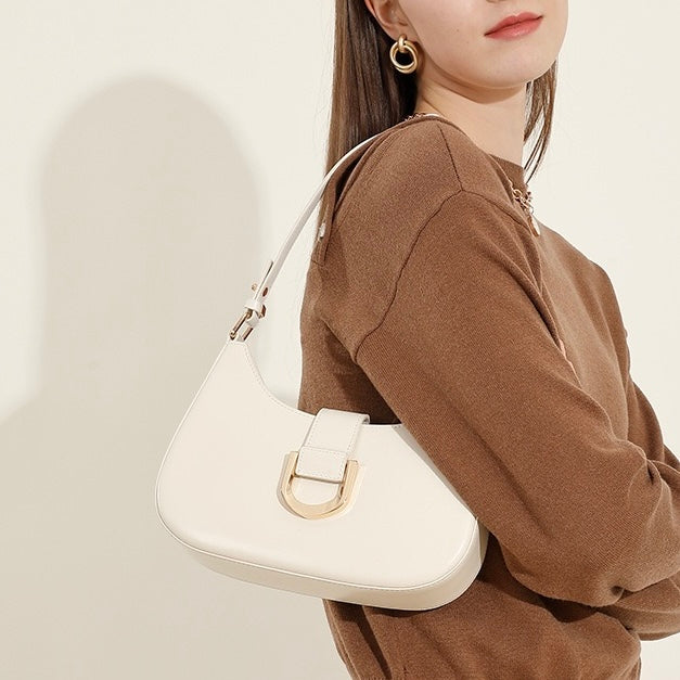 Womens Soft Top-Grain Leather Baguette Shoulder Bag in Minimalist Commuter Style