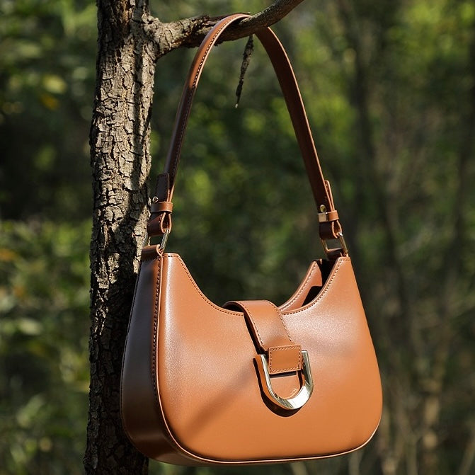 Womens Soft Top-Grain Leather Baguette Shoulder Bag in Minimalist Commuter Style