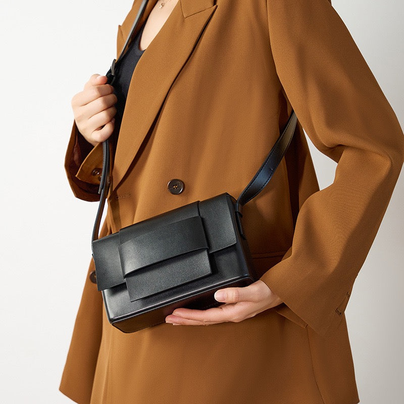 Womens Genuine Leather Woven Box Crossbody Shoulder Bag in Minimalist Style