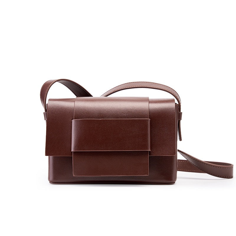 Womens Genuine Leather Woven Box Crossbody Shoulder Bag in Minimalist Style