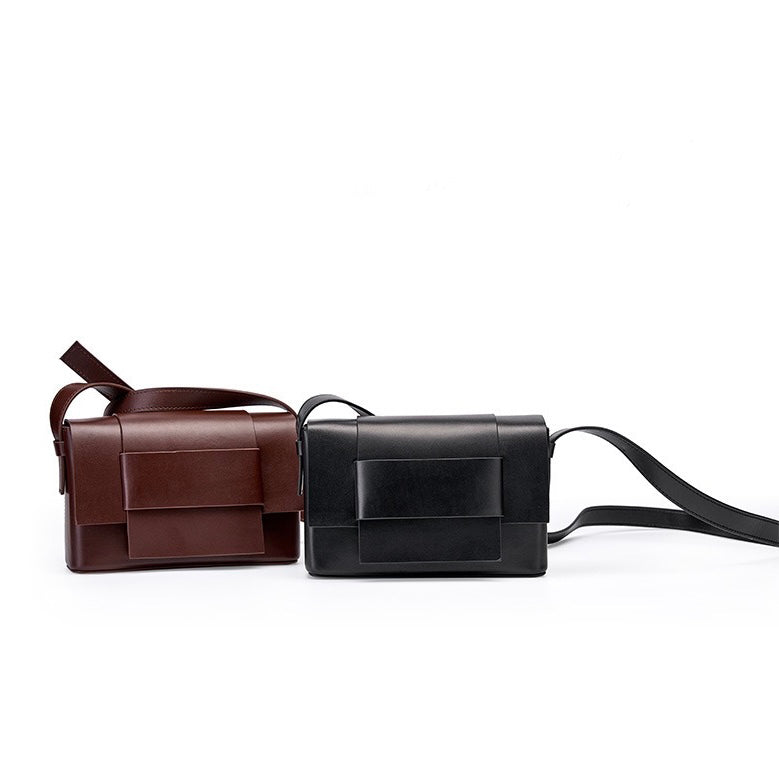 Womens Genuine Leather Woven Box Crossbody Shoulder Bag in Minimalist Style