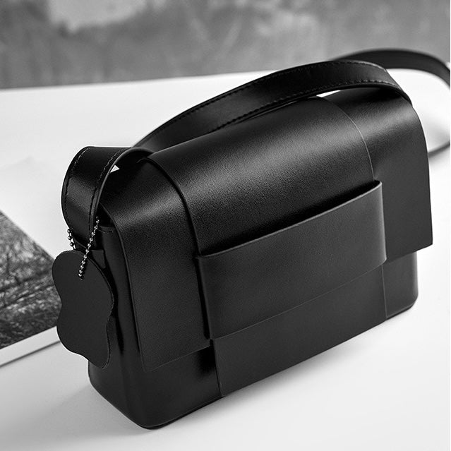 Womens Genuine Leather Woven Box Crossbody Shoulder Bag in Minimalist Style
