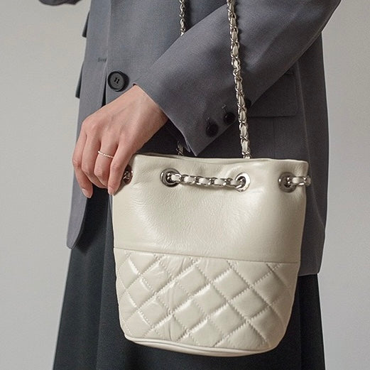 Womens Genuine Leather Quilted Chain Bucket Bag