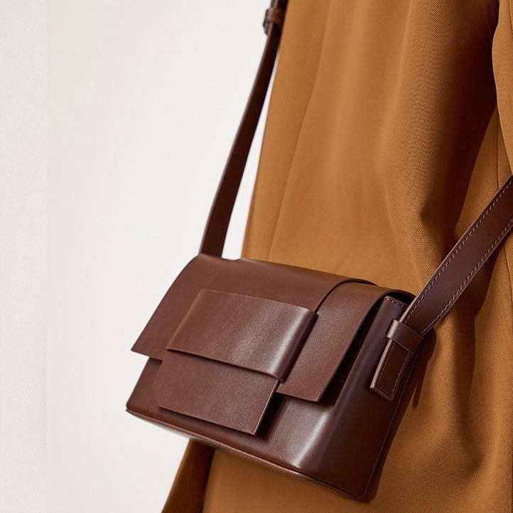 Womens Genuine Leather Woven Box Crossbody Shoulder Bag in Minimalist Style