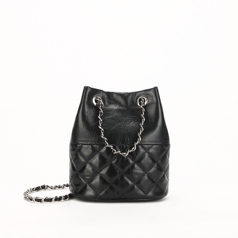 Womens Genuine Leather Quilted Chain Bucket Bag