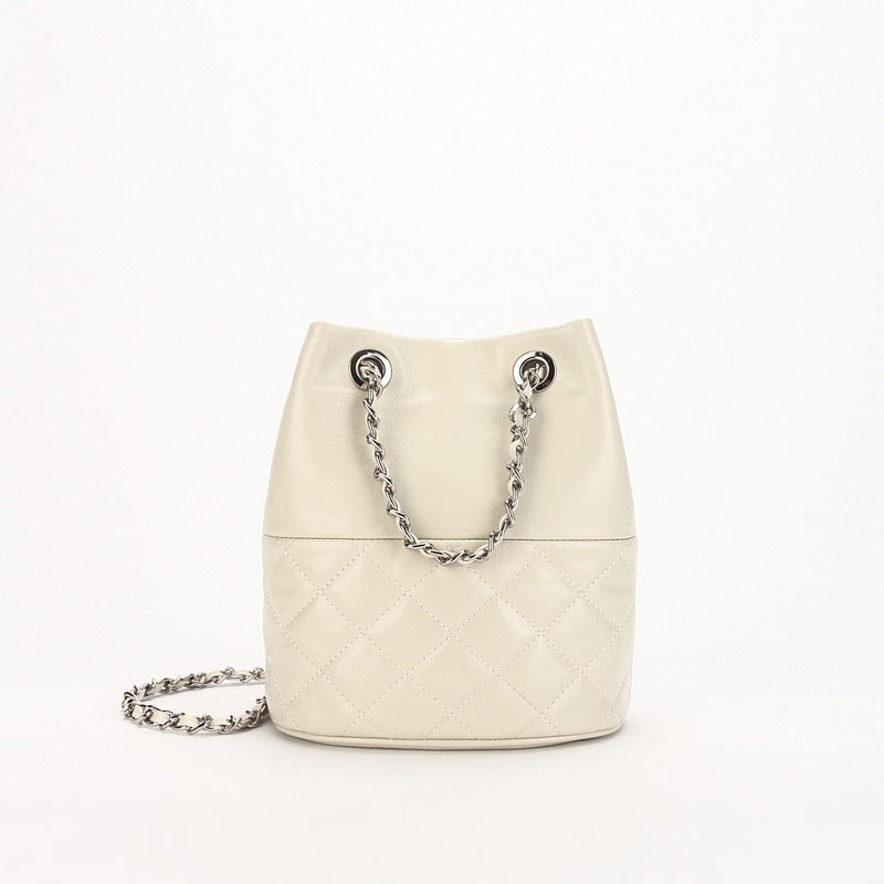 Womens Genuine Leather Quilted Chain Bucket Bag