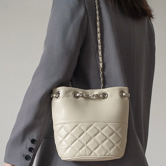 Womens Genuine Leather Quilted Chain Bucket Bag