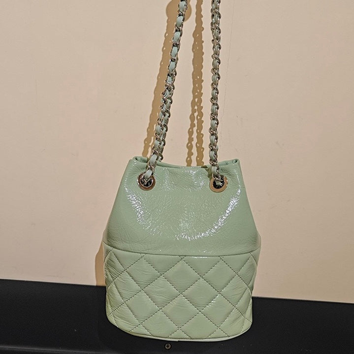 Womens Genuine Leather Quilted Chain Bucket Bag