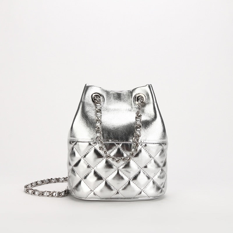Womens Genuine Leather Quilted Chain Bucket Bag