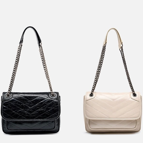 Womens Genuine Leather Chain Detail Large Capacity Messenger Shoulder Bag