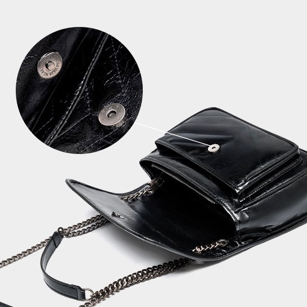 Womens Genuine Leather Chain Detail Large Capacity Messenger Shoulder Bag