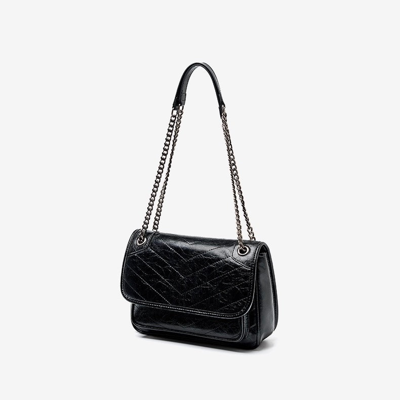 Womens Genuine Leather Chain Detail Large Capacity Messenger Shoulder Bag