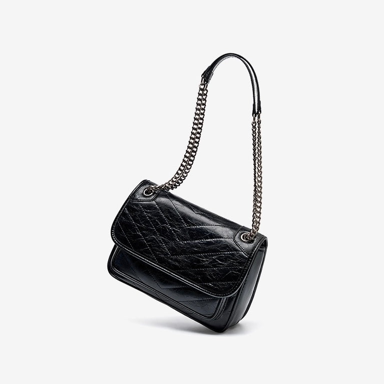 Womens Genuine Leather Chain Detail Large Capacity Messenger Shoulder Bag