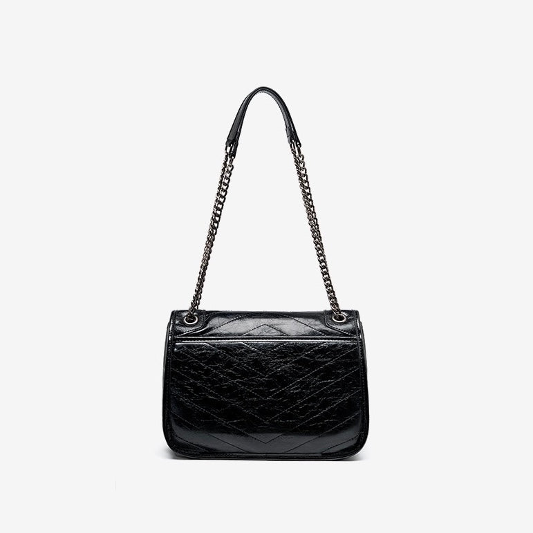 Womens Genuine Leather Chain Detail Large Capacity Messenger Shoulder Bag