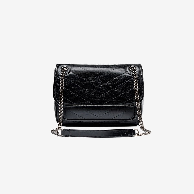 Womens Genuine Leather Chain Detail Large Capacity Messenger Shoulder Bag