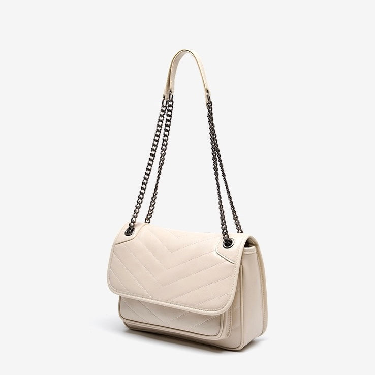 Womens Genuine Leather Chain Detail Large Capacity Messenger Shoulder Bag