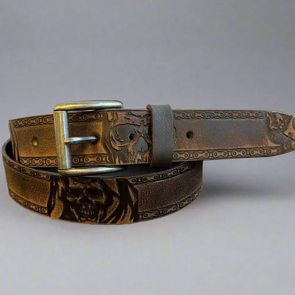Keldon Men’s Full-Grain Leather Biker Belt. Skull Chain Embossed Design with Removable Buckle