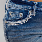 Westfield Eagle Women’s Embroidered Stretchy Denim Shorts. Low Rise Studded Shorts with Rhinestones
