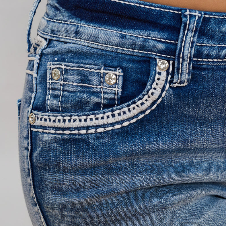Westfield Eagle Women’s Embroidered Stretchy Denim Shorts. Low Rise Studded Shorts with Rhinestones