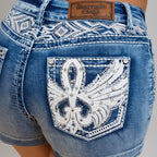 Westfield Eagle Women’s Embroidered Stretchy Denim Shorts. Low Rise Studded Shorts with Rhinestones