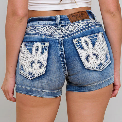 Westfield Eagle Women’s Embroidered Stretchy Denim Shorts. Low Rise Studded Shorts with Rhinestones