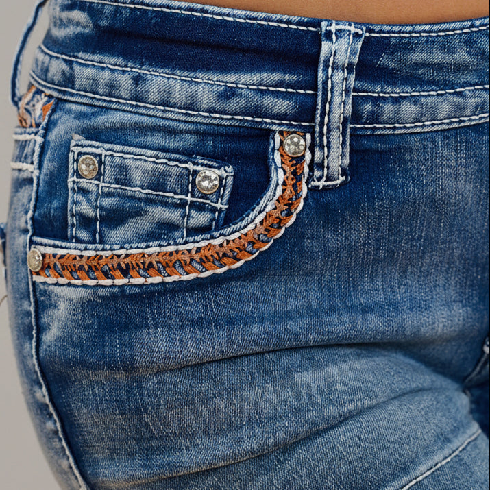 Westfield Eagle Women’s Embroidered Stretchy Denim Shorts. Low Rise Rhinestone & Sequin