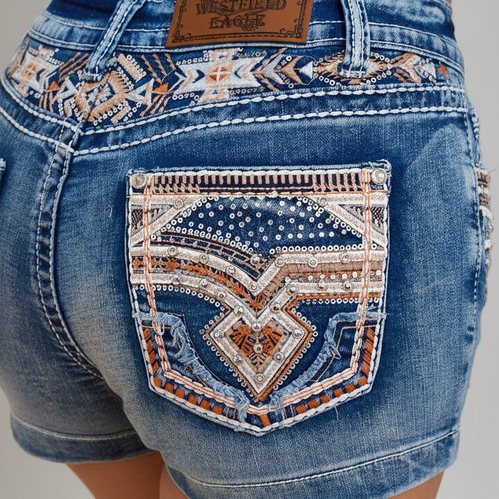 Westfield Eagle Women’s Embroidered Stretchy Denim Shorts. Low Rise Rhinestone & Sequin
