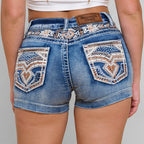 Westfield Eagle Women’s Embroidered Stretchy Denim Shorts. Low Rise Rhinestone & Sequin