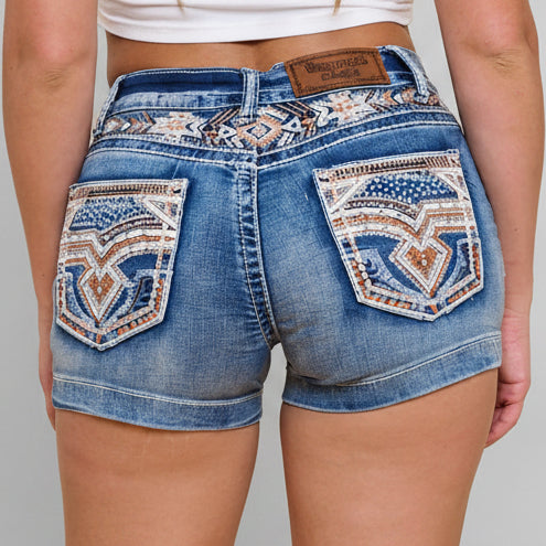 Westfield Eagle Women’s Embroidered Stretchy Denim Shorts. Low Rise Rhinestone & Sequin