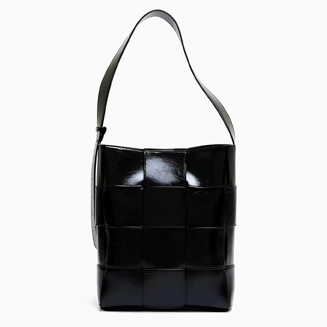 Natalie Glossy Woven Shoulder Bag – Structured Designer Bucket Tote for Women