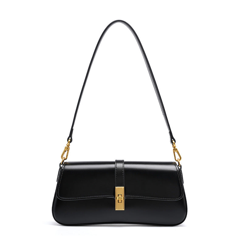 Éloise | Sleek Leather Baguette Bag – Detachable Strap & Gold-Tone Lock