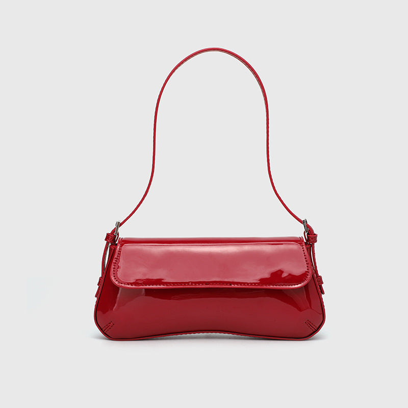 Lina | Glossy Vegan Leather Shoulder Bag – Sleek Flap & Retro Baguette Shape