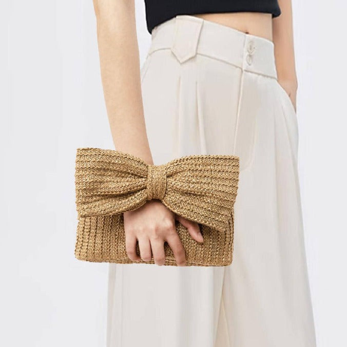 Christine | Natural Straw Clutch with Oversized Bow Detail