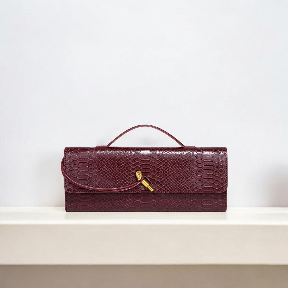 Mira | Snake-Embossed Vegan Leather Clutch – Top Handle & Gold Twist Lock