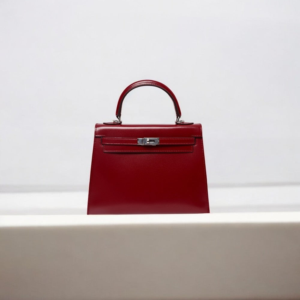 Aurora | Burgundy Full-Grain Leather Top Handle Bag – Silver Hardware & Detachable Strap