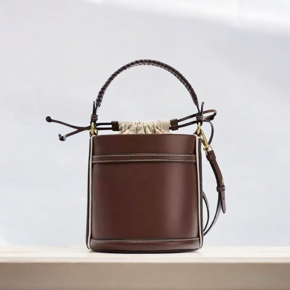 Lou | Brown Vegan Leather Bucket Bag with Drawstring Closure
