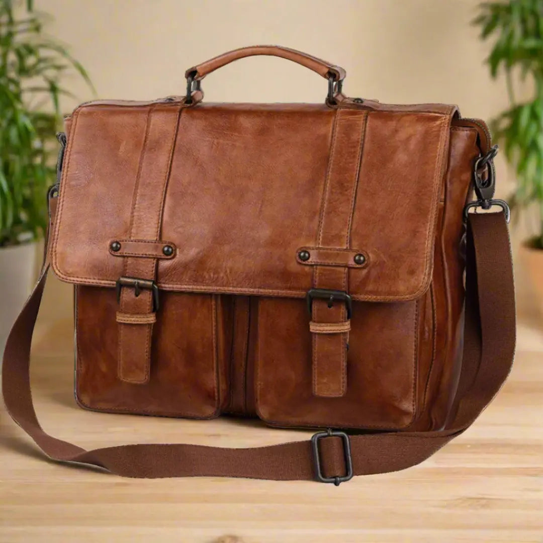 MET Premium Leather Laptop Bag. Messenger Briefcase with Detachable Shoulder Strap