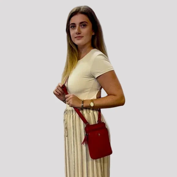 Greenwood Leather Compact Mini Crossbody. Slim Full-Grain Leather Phone Bag & Travel Organizer