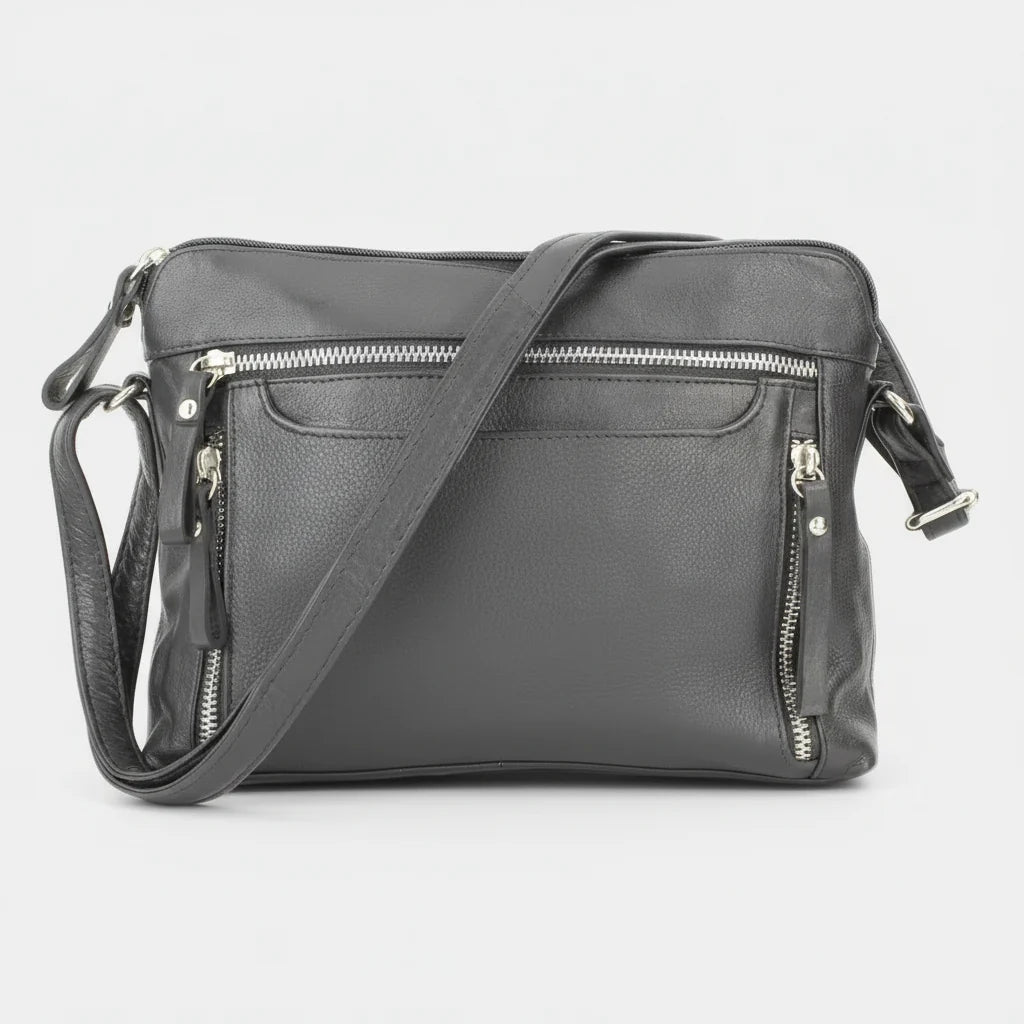 Leather Crossbody Slim Bag with Zippered Pockets & Adjustable Strap