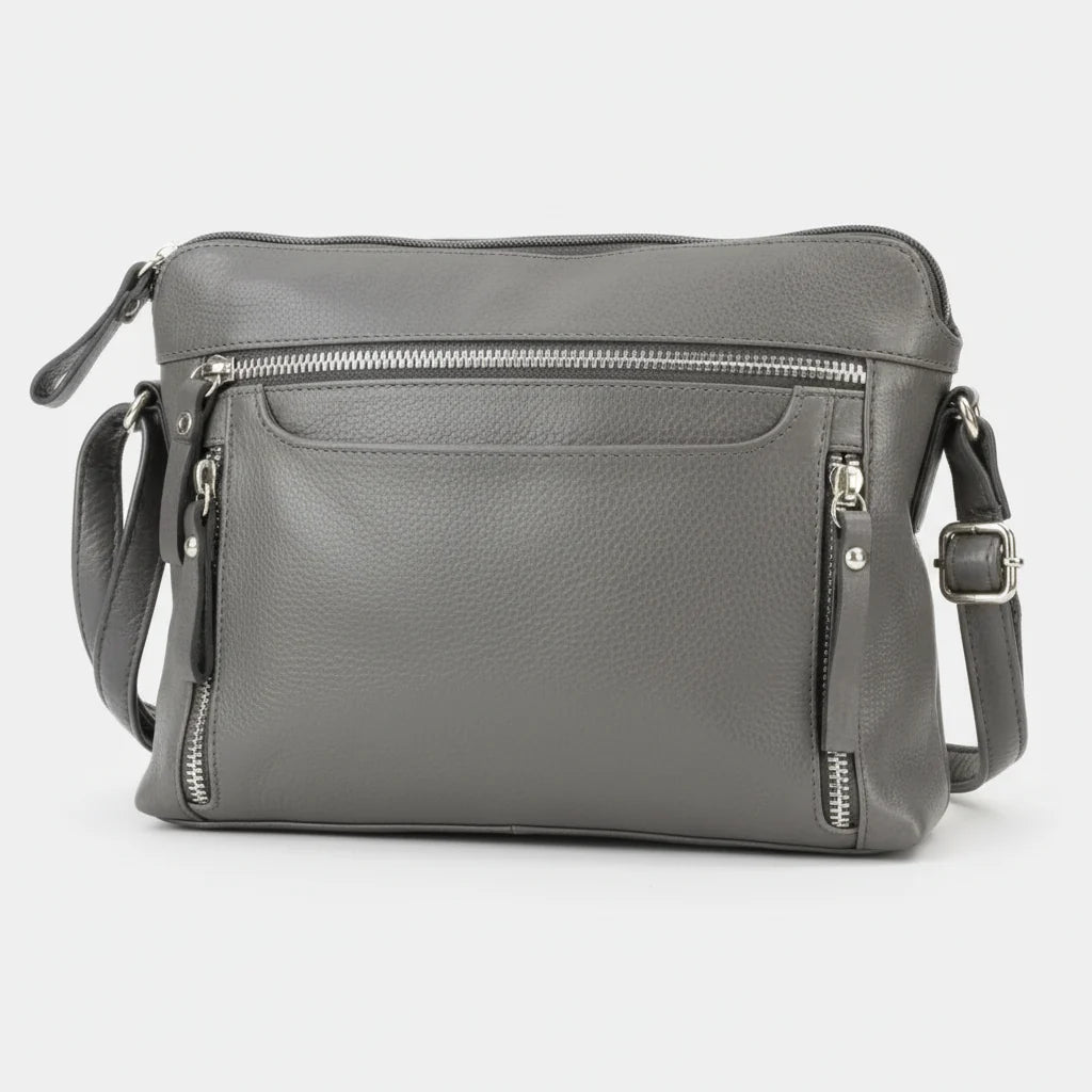 Leather Crossbody Slim Bag with Zippered Pockets & Adjustable Strap