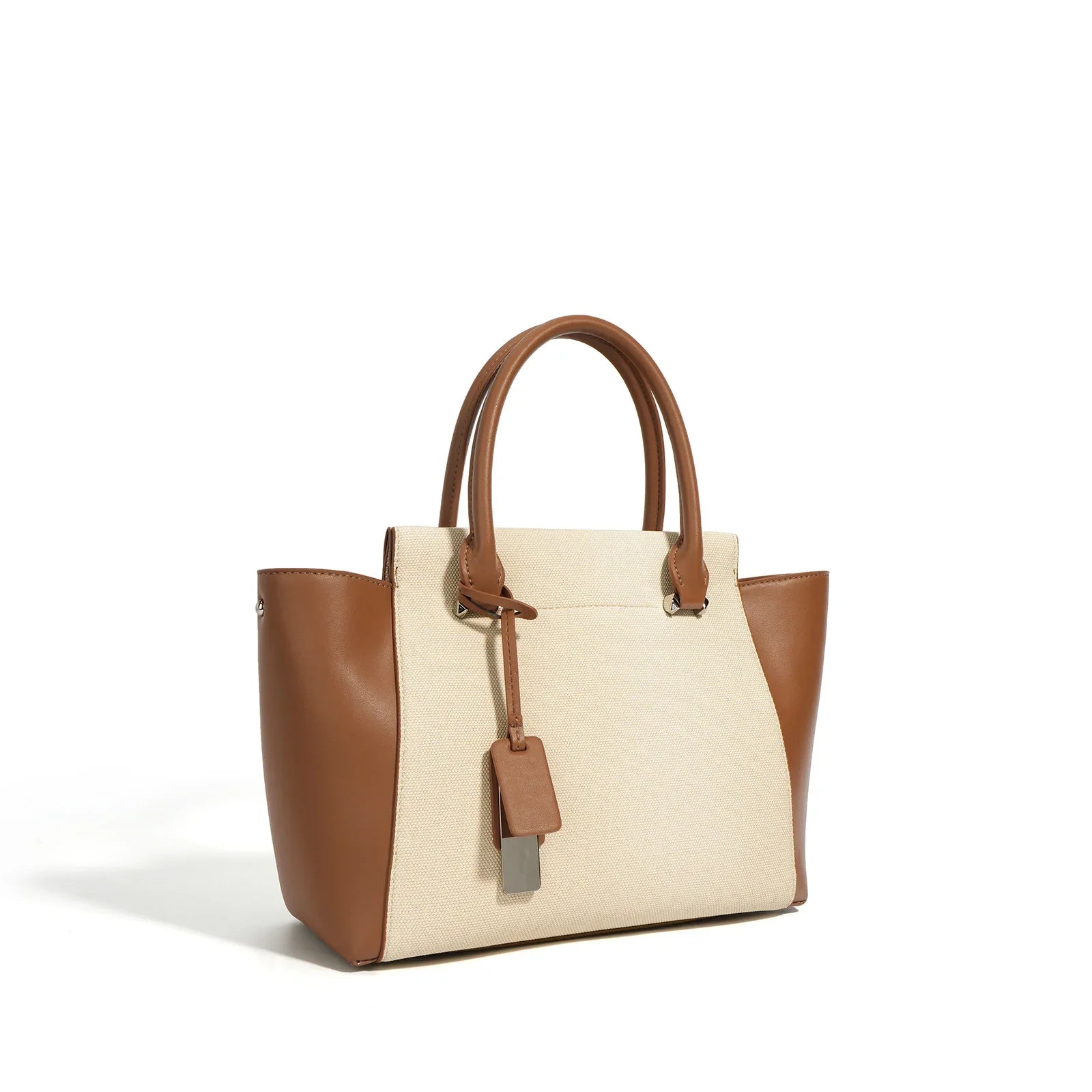 Beige Canvas Tote Bag with Genuine Leather – Women's Structured Handbag with Magnetic Closure