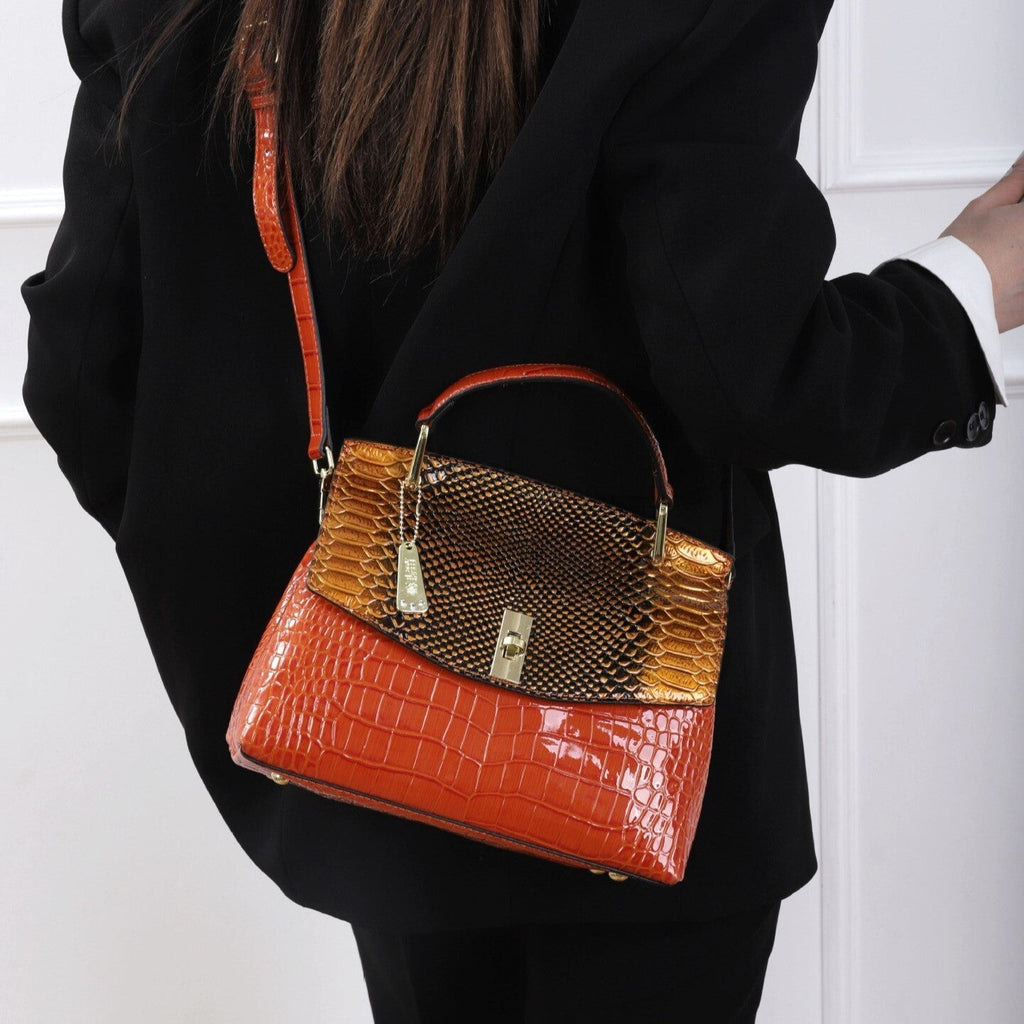 Lilly Iridescent Python & Croc-Embossed Top Handle Bag – Luxury Statement Satchel for Women