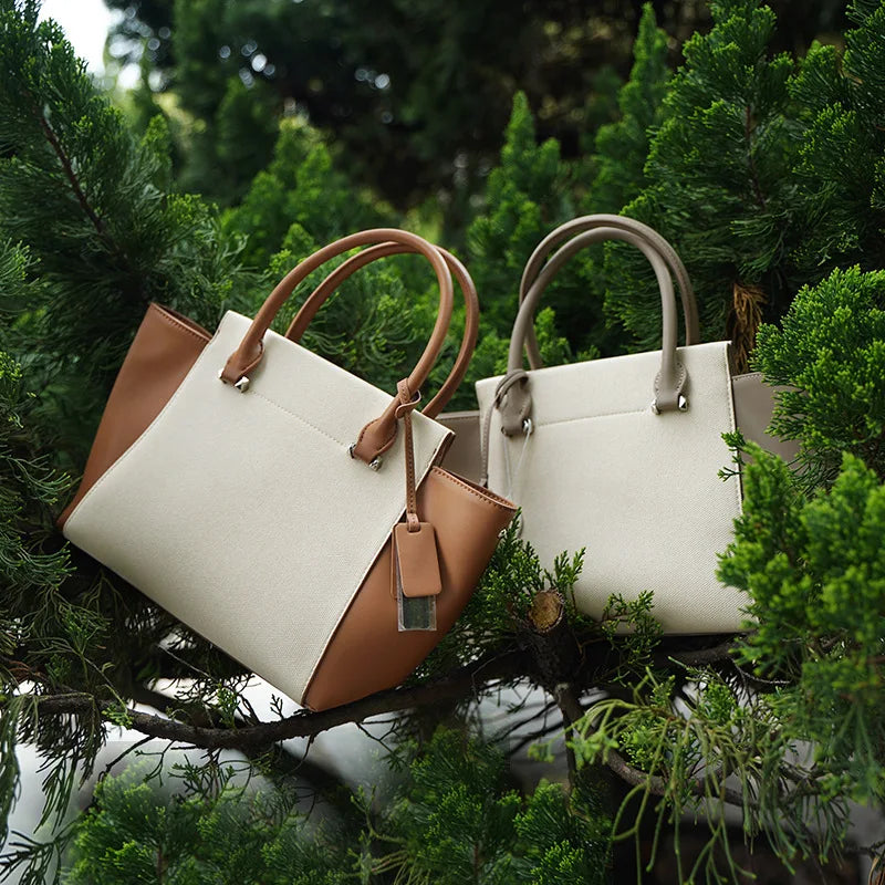 Beige Canvas Tote Bag with Genuine Leather – Women's Structured Handbag with Magnetic Closure