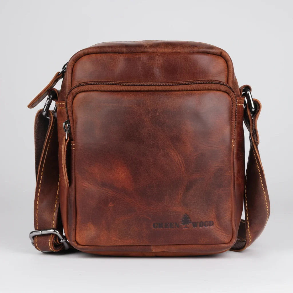 Greenwood Leather Mini-Messenger Bag. Premium Compact Crossbody Travel Organizer
